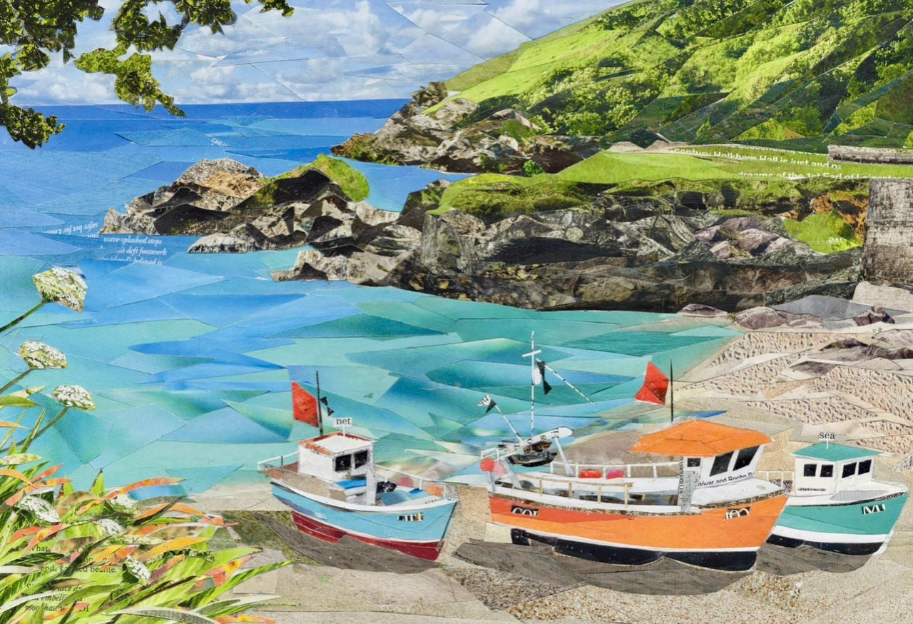 Hand-cut collage artwork of Cadgwith Cove Cornwall featuring colourful fishing boats and turquoise sea