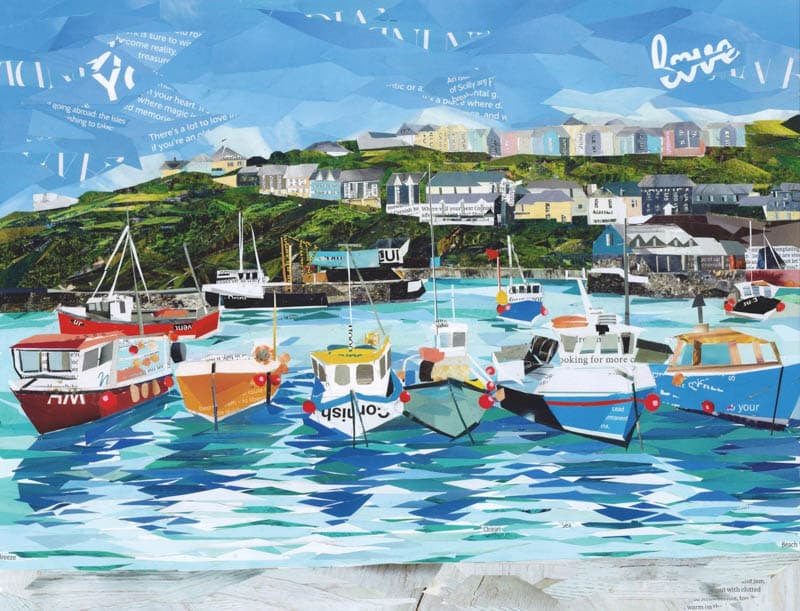 Mevagissey Harbour, Cornwall, Paper Collage Print.