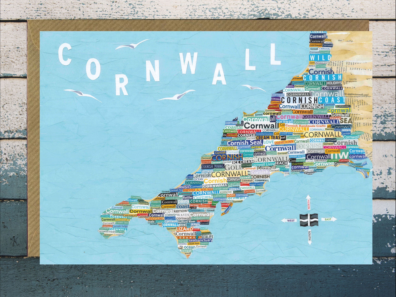 Cornwall Map Paper Collage Art Print Card
