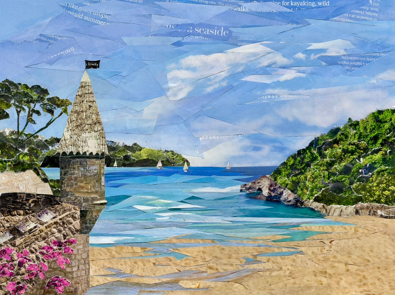 Readymoney Cove, Fowey, Cornwall, Collage Art Print.
