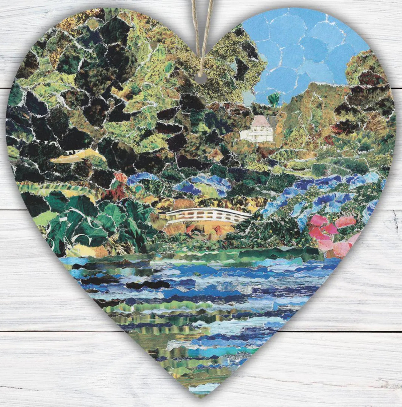 Trebah Garden Hanging Heart – Botanical Collage Art from Cornwall on Double Sided Wood with String – Handmade Nature Keepsake Gift