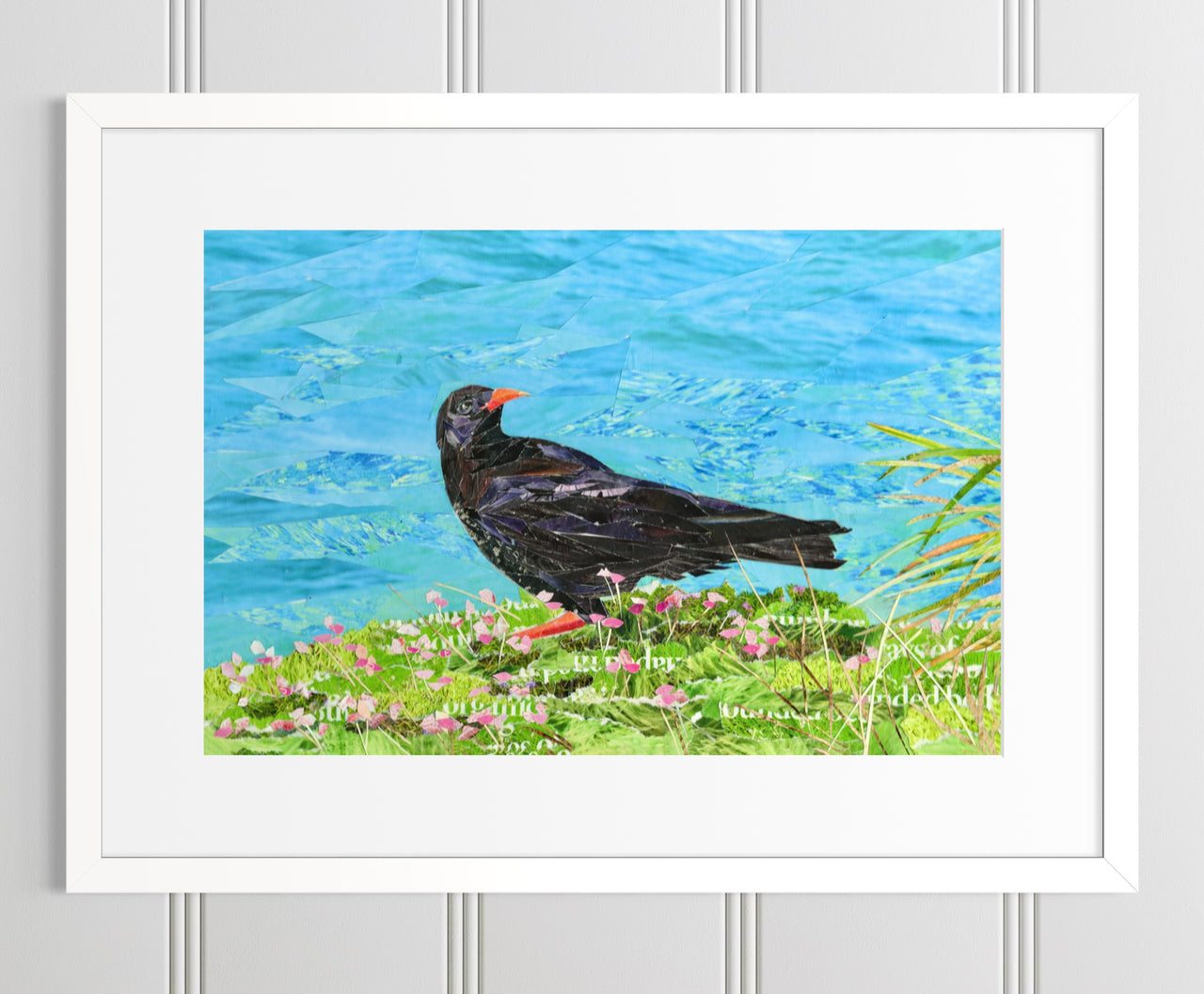 Cornish Chough Art Print - Coastal Collage Inspired by Cornwall Wildlife