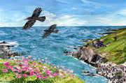 Handmade paper collage print of Cornish Choughs at Lizard Point inspired by the Cornwall coastline and wildlife, featuring layered textures and vibrant colours