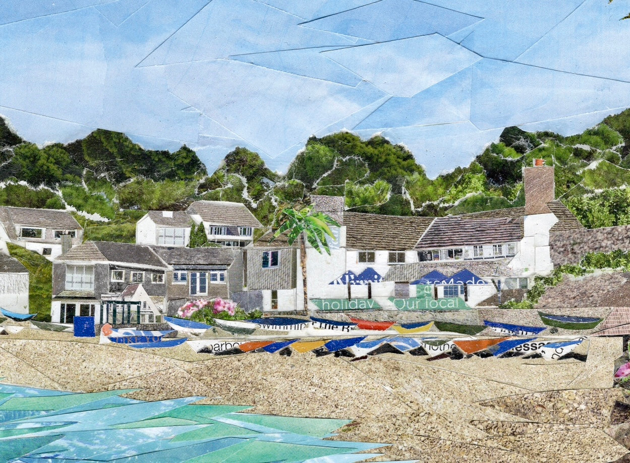 The Ferryboat Inn, Helford Passage – Paper Collage Print | Cornwall Coastal Art