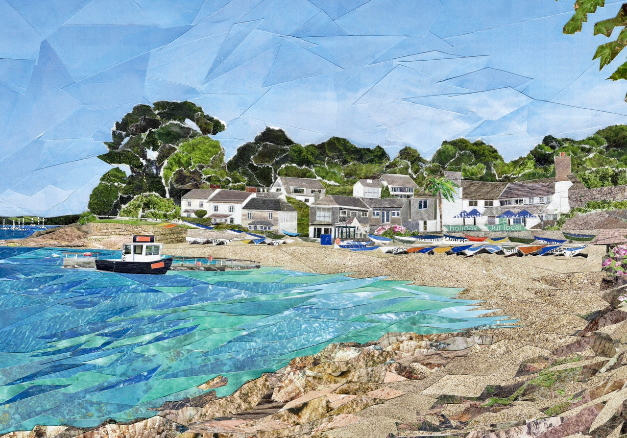 The Ferryboat Inn, Helford Passage – Paper Collage Print | Cornwall Coastal Art