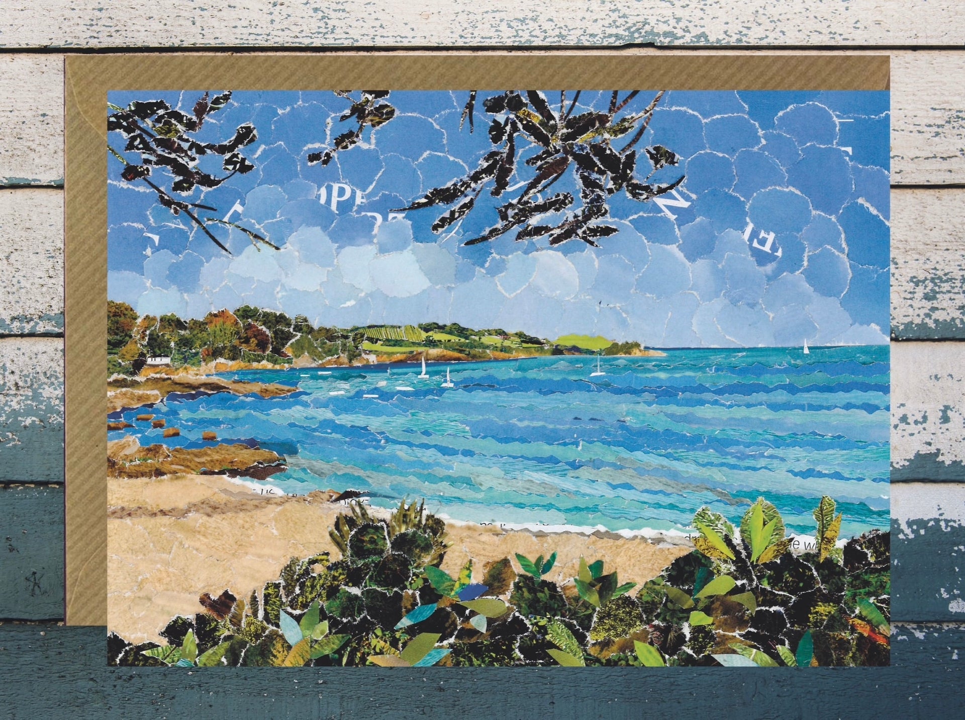 Trebah beach collage art print card