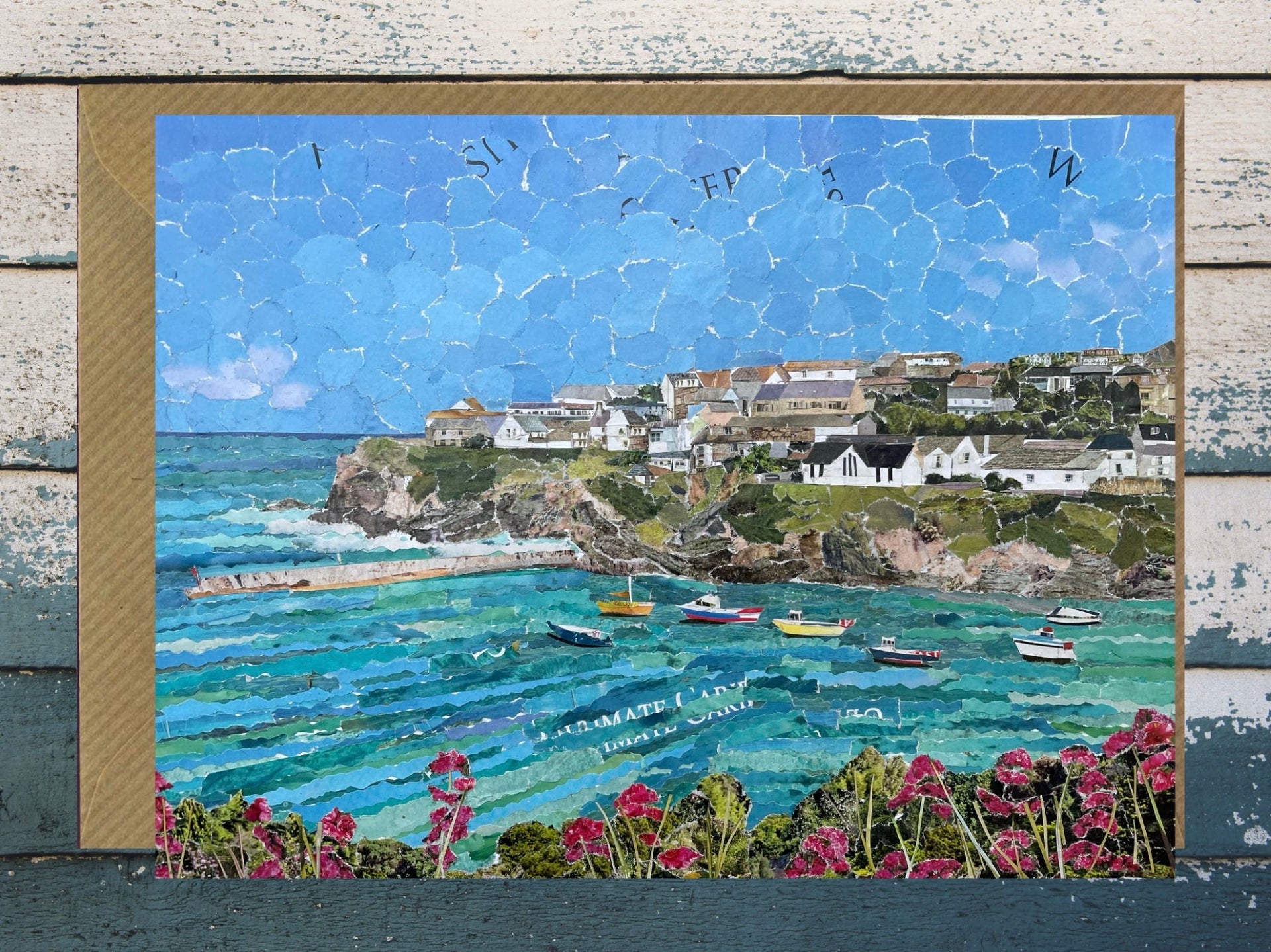 Cornish Harbour Port Isaac paper collage card