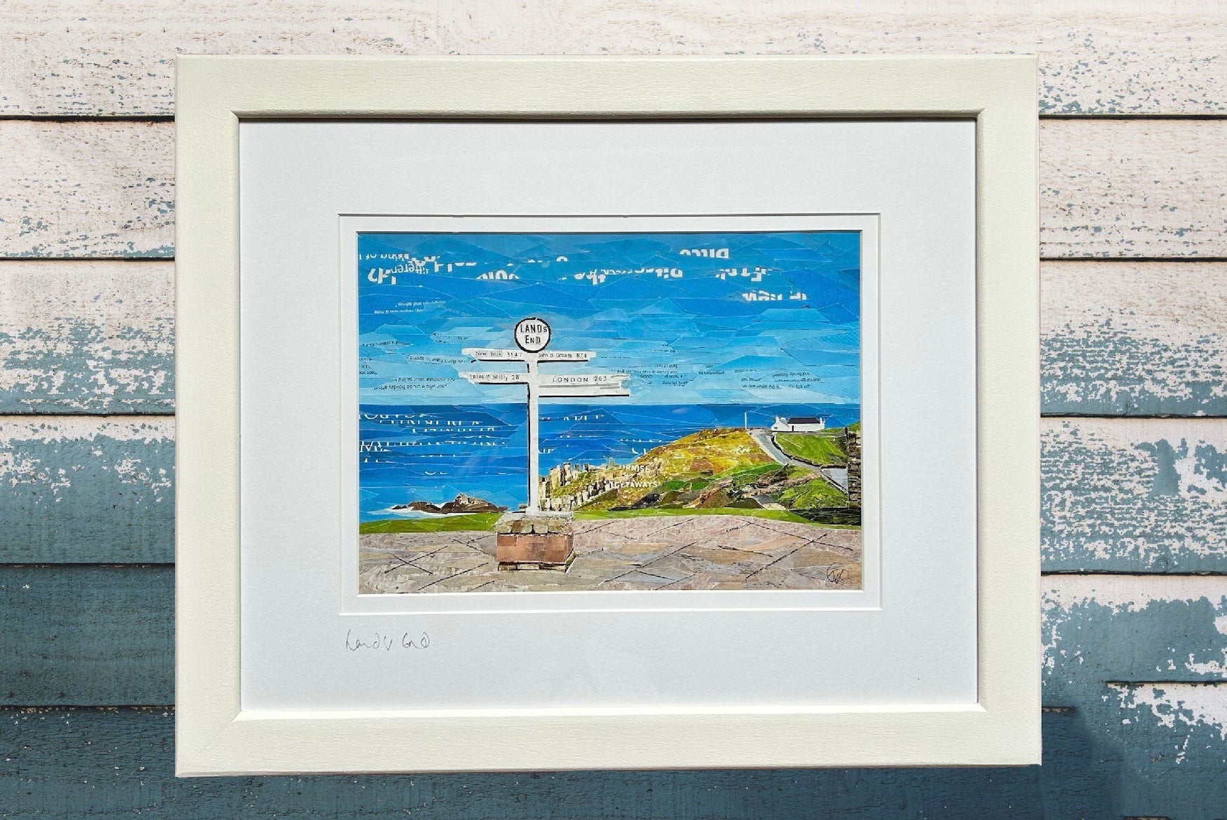 Land’s End Signpost, Cornwall, Original Collage Art.