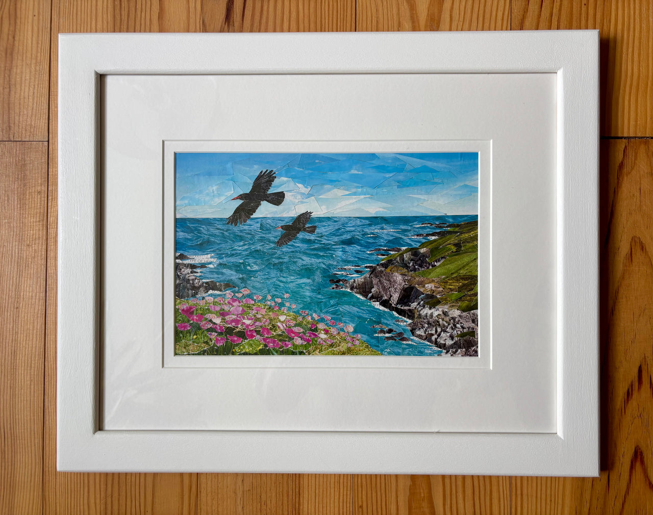 Original Two Cornish Choughs Paper Collage Artwork – Framed Coastal Cornwall Scene