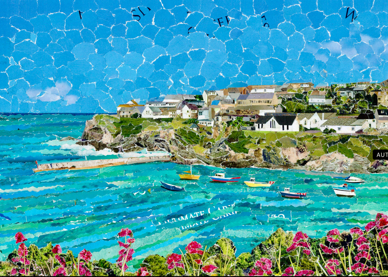 Port Isaac Harbour Cornwall, Paper Collage Art Print.