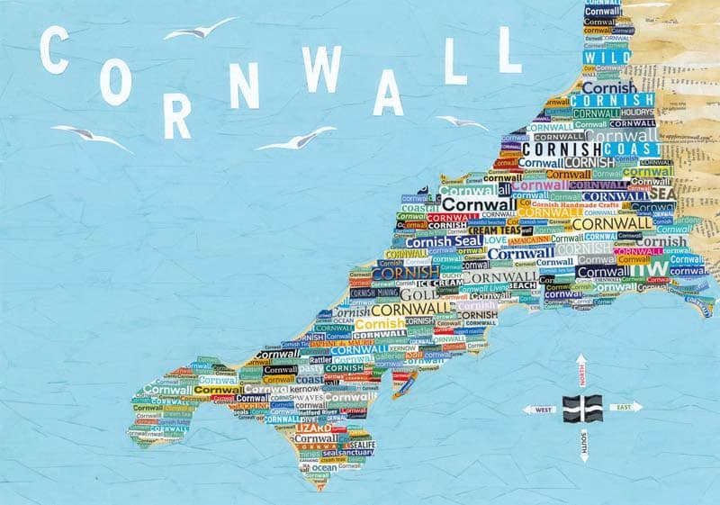 Cornwall Map Paper Collage Art Print Card