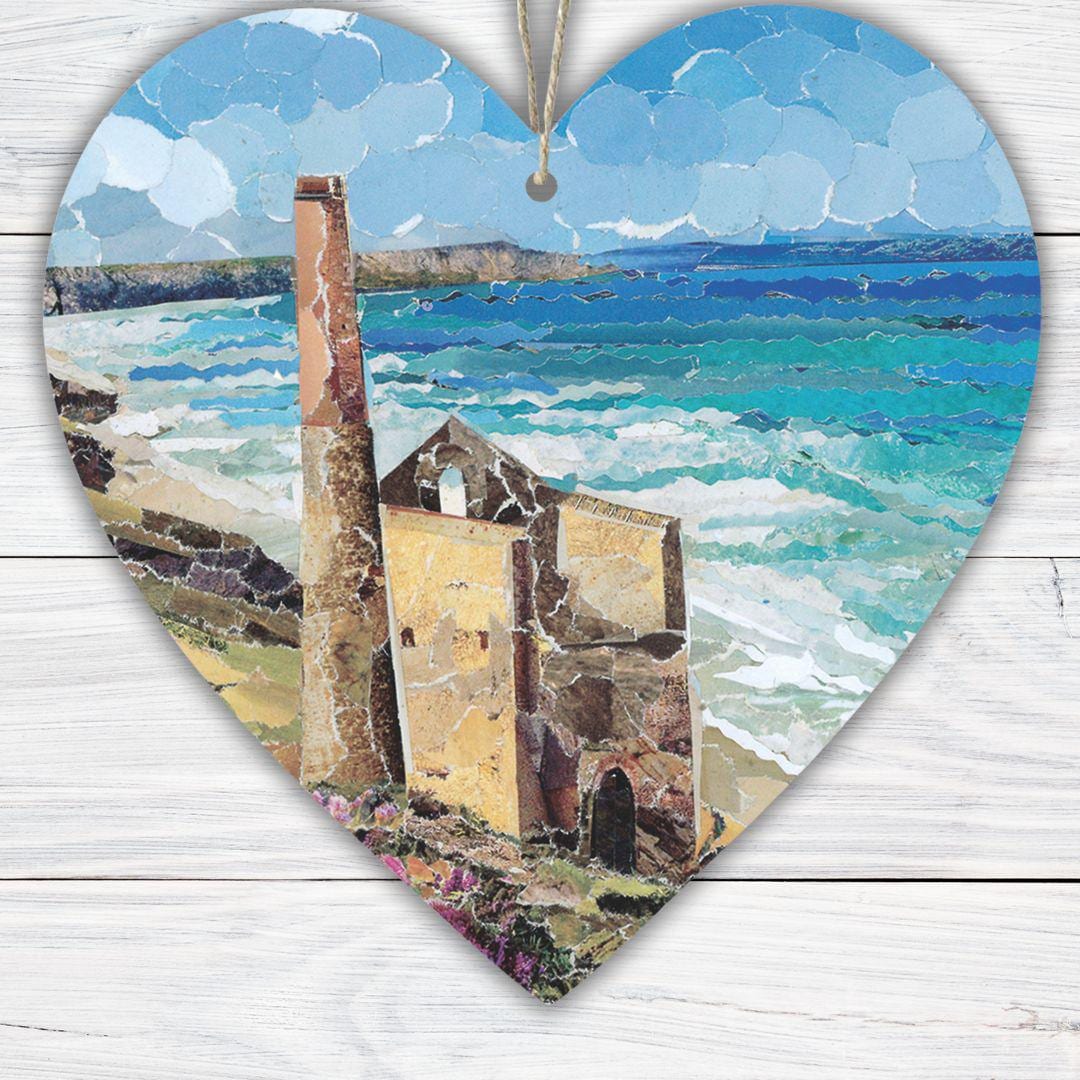 Wheal Coates Cornwall Hanging Heart – Coastal Tin Mine Collage Art on Double Sided Wood with String – Historic Landmark Keepsake Gift