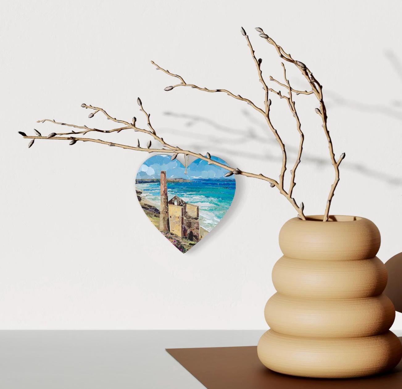 Wheal Coates Cornwall Hanging Heart – Coastal Tin Mine Collage Art on Double Sided Wood with String – Historic Landmark Keepsake Gift