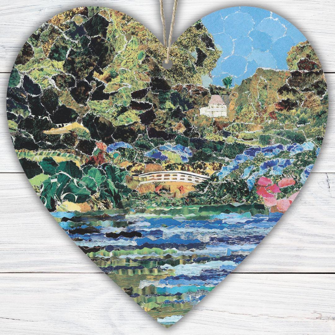 Trebah Garden Hanging Heart – Botanical Collage Art from Cornwall on Double Sided Wood with String – Handmade Nature Keepsake Gift