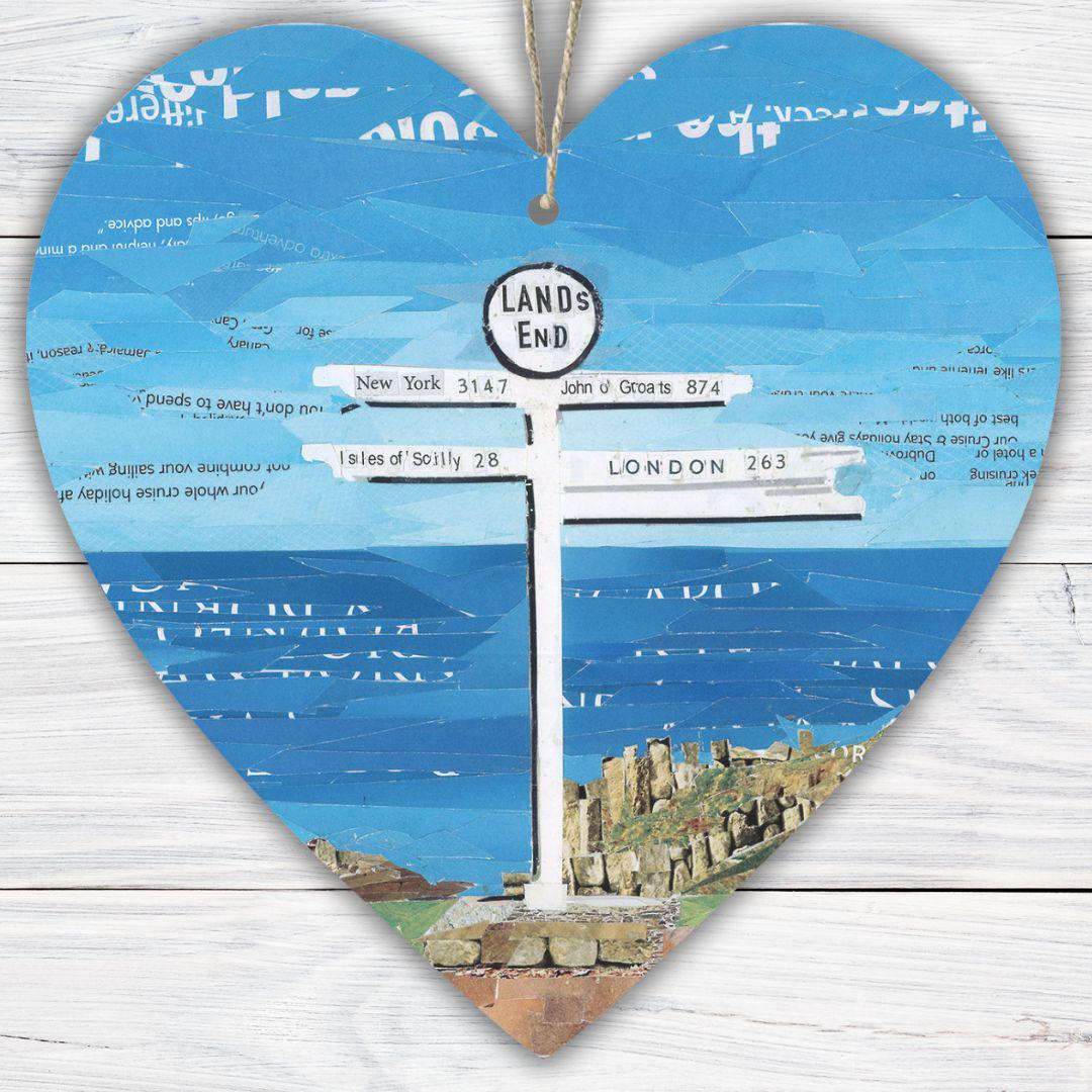 Land’s End Signpost Hanging Heart – Iconic Cornwall Collage Art on Double Sided Wood with String – Handmade Landmark Keepsake Gift