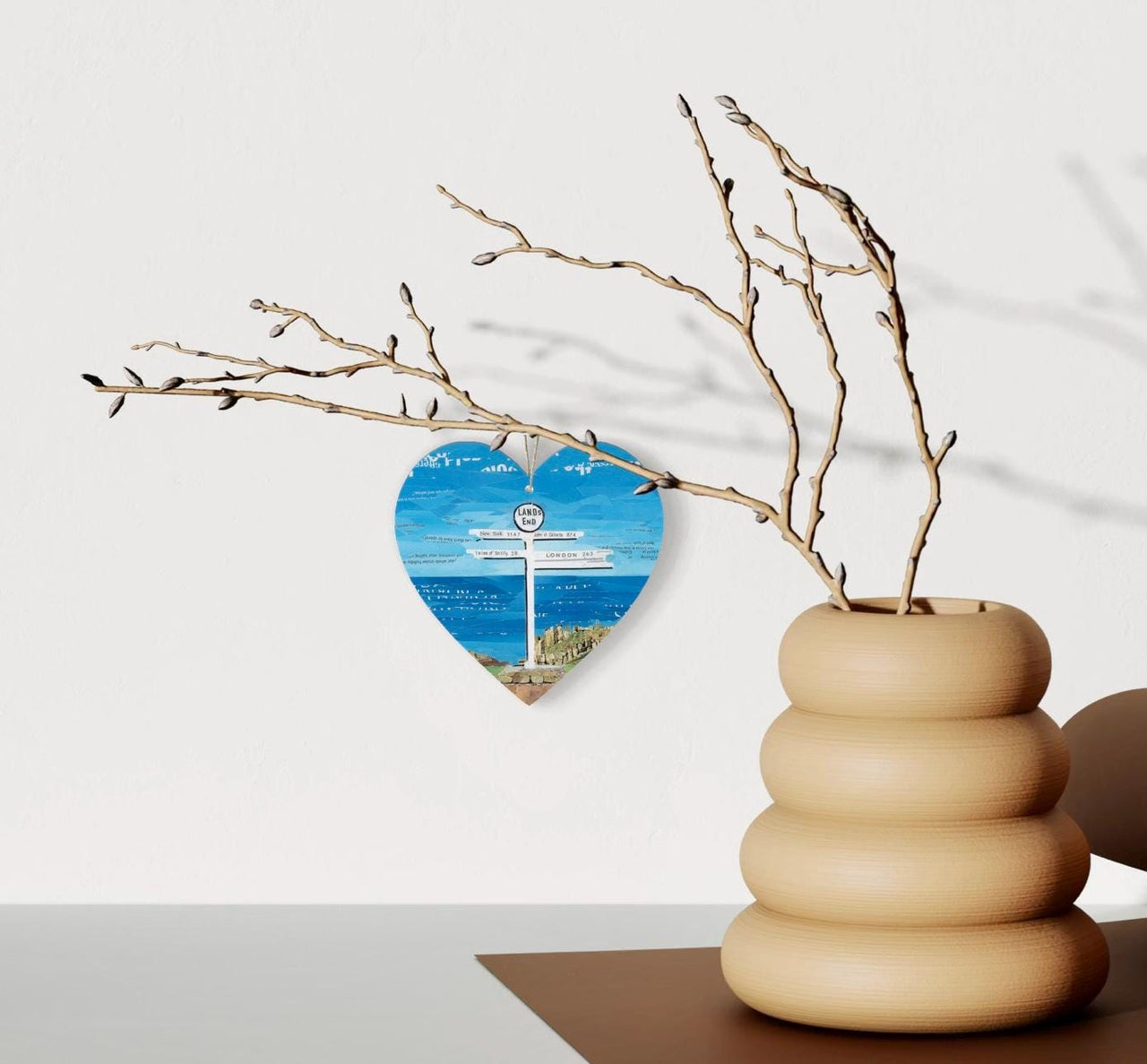 Land’s End Signpost Hanging Heart – Iconic Cornwall Collage Art on Double Sided Wood with String – Handmade Landmark Keepsake Gift