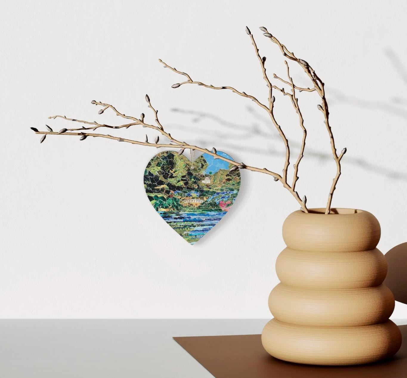 Trebah Garden Hanging Heart – Botanical Collage Art from Cornwall on Double Sided Wood with String – Handmade Nature Keepsake Gift