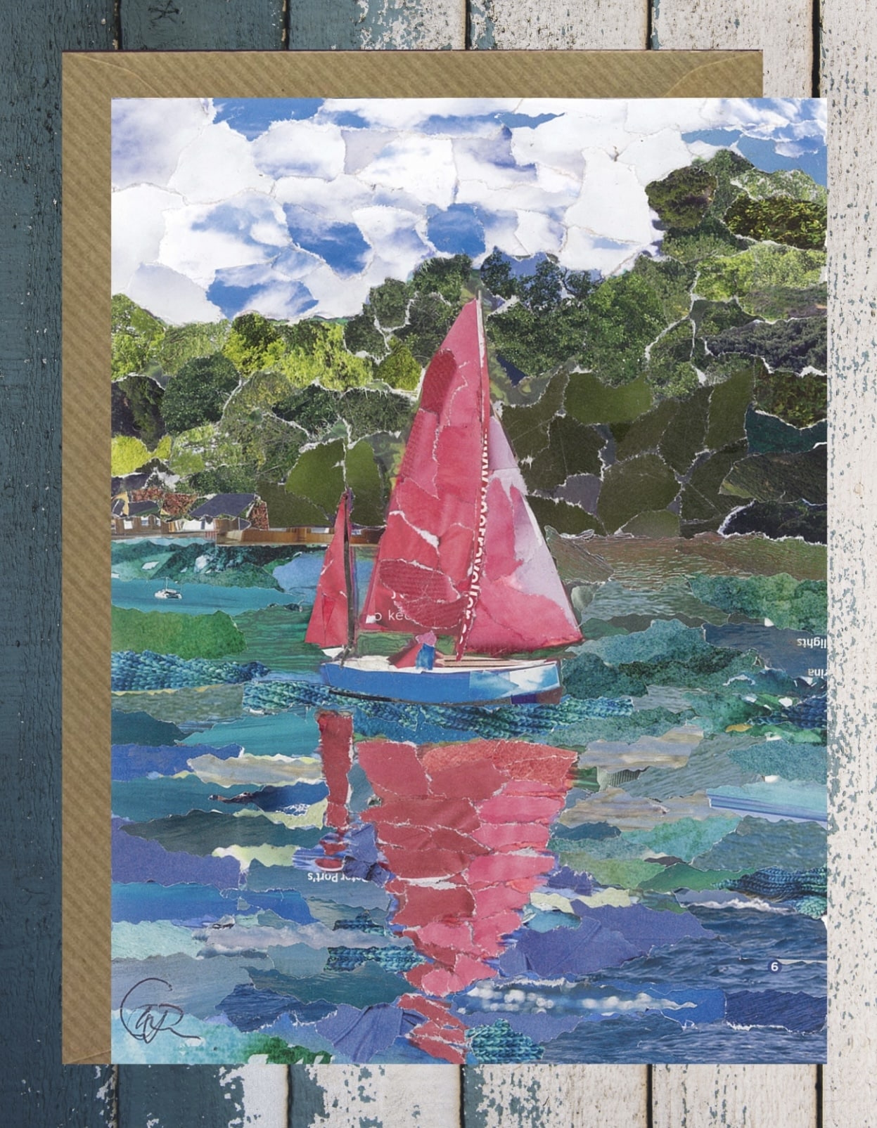 Red Sails Helford River collage art print card